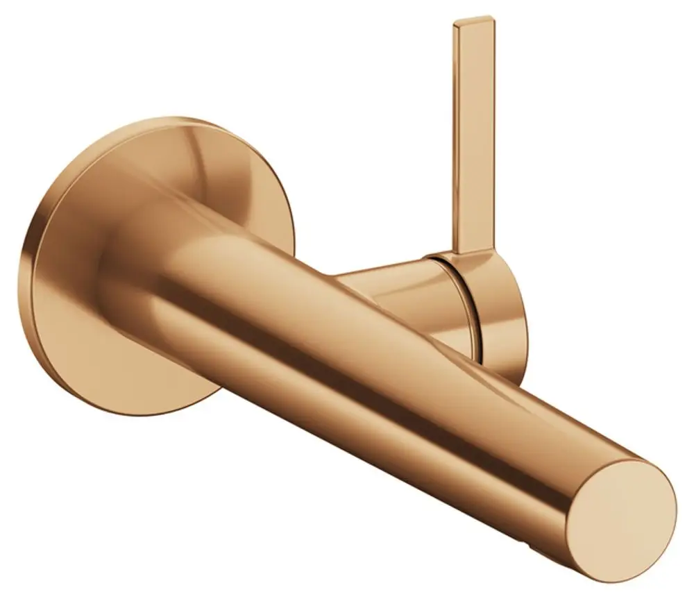 Wandmontierter Wasserhahn in mattem Bronzeton von Keuco. Schlichter, runder Auslauf mit einem senkrechten Bedienelement.
